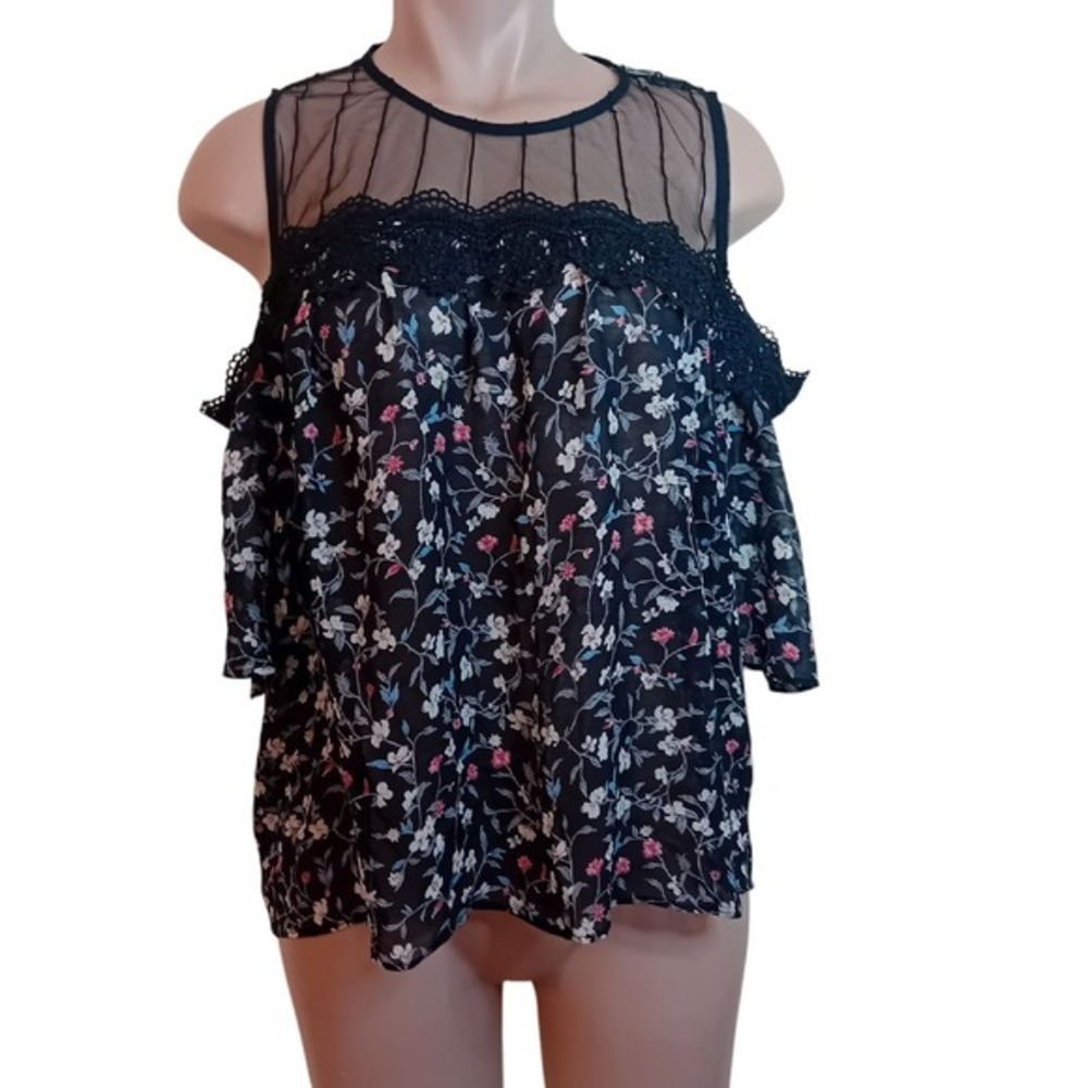 Women's Off Shoulder Sheer Flowy Oversized Boho‎ Bohemian Cottage Floral Top OS